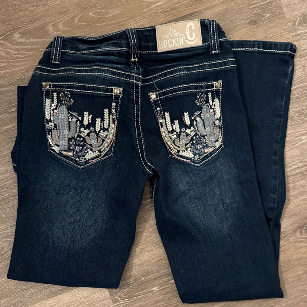 Girls Embroidered Dark Blue Jeans.